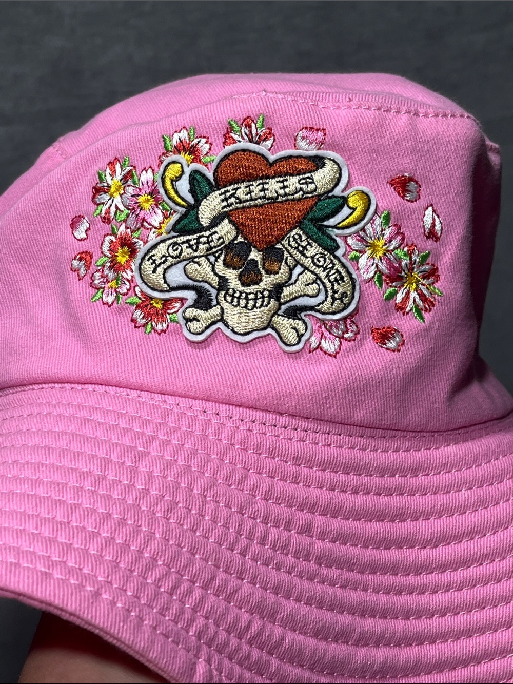 Ed Hardy Love Kills Slowly Pink Bucket Hat Skull Floral NWT One Size